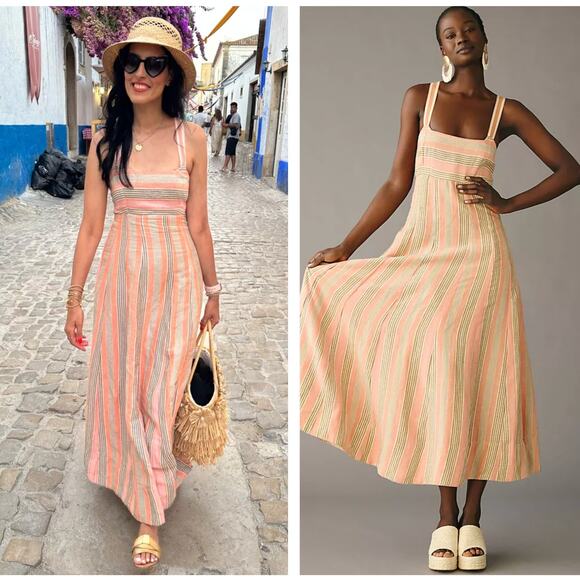 ANTHROPOLOGIE x MAEVE Linen Square-Neck Tie-Back Maxi Dress Sz 8 NWT {HH34} - Picture 1 of 3